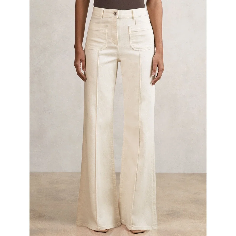 Reiss Sakura Flare Patch Pocket Jeans Ecru White High Rise Denim 28R NEW - Picture 1 of 10